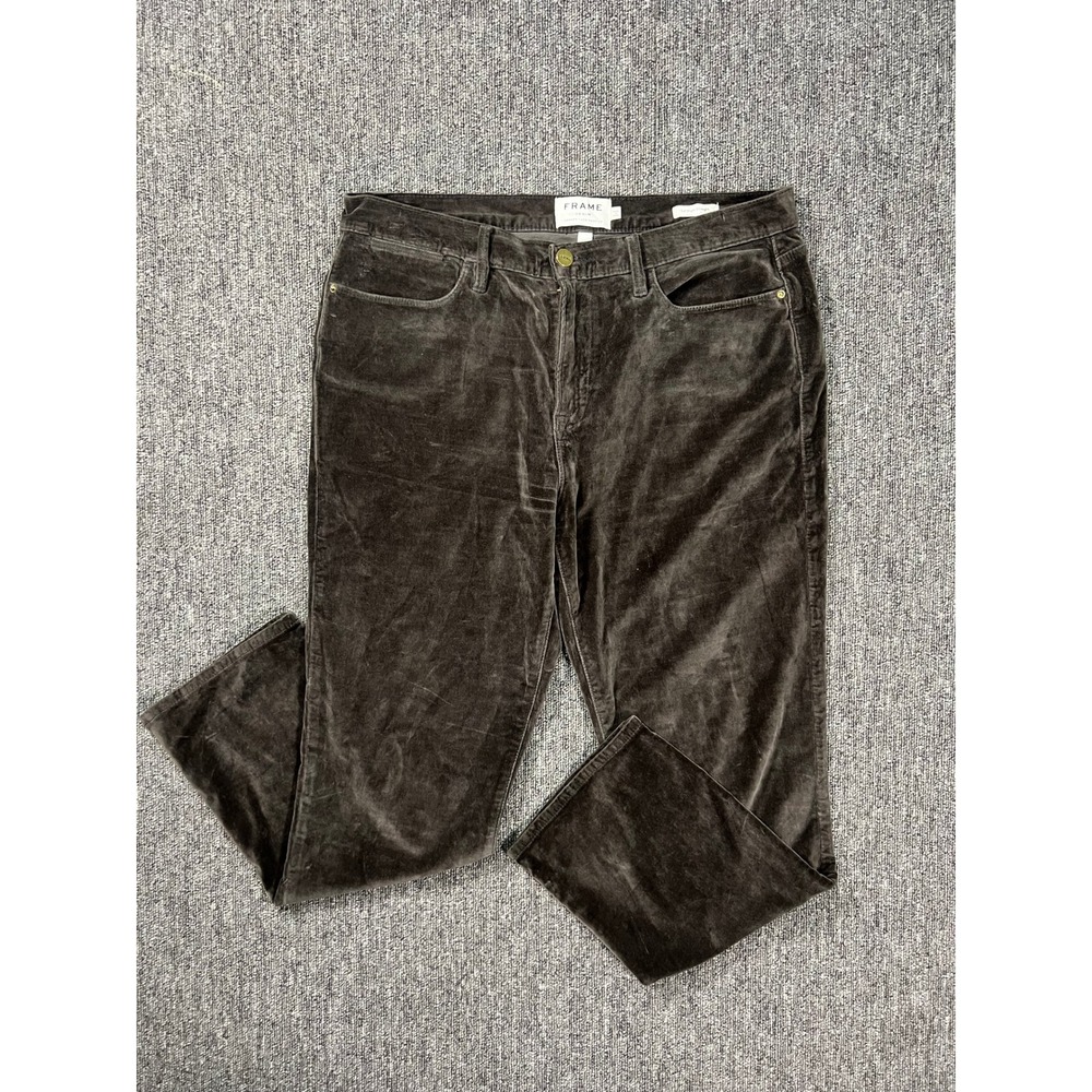 FRAME Le High Straight Velvet Pants Charcoal Brown Jeans 32 Velveteen Autumn